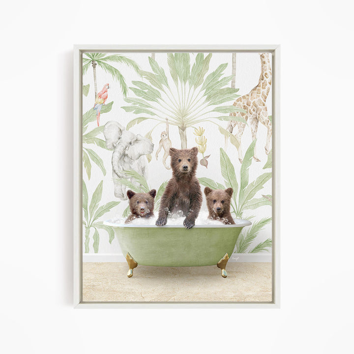 A framed print depicting three bears sitting in a green bathtub, surrounded by tropical foliage and animals.