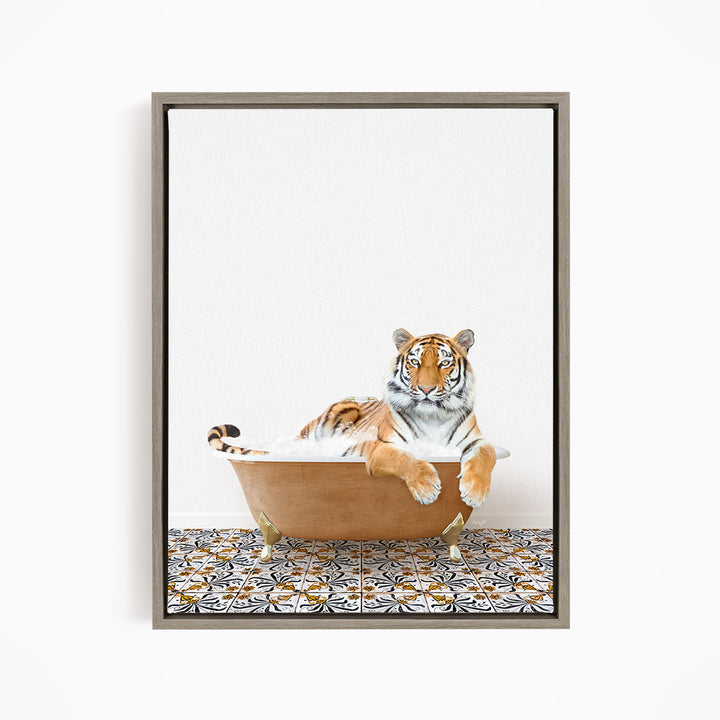 A tiger is sitting in a bathtub filled with water, appearing relaxed and comfortable.