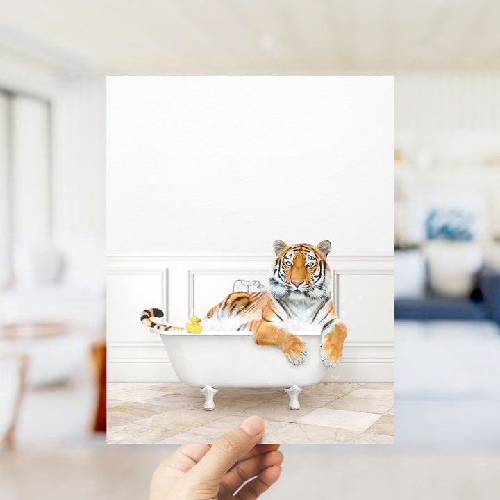 A tiger is sitting in a white bathtub, surrounded by rubber ducks.