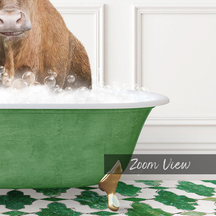 A brown cow is standing in a green bathtub filled with bubbles, with a white wall and a patterned floor in the background.