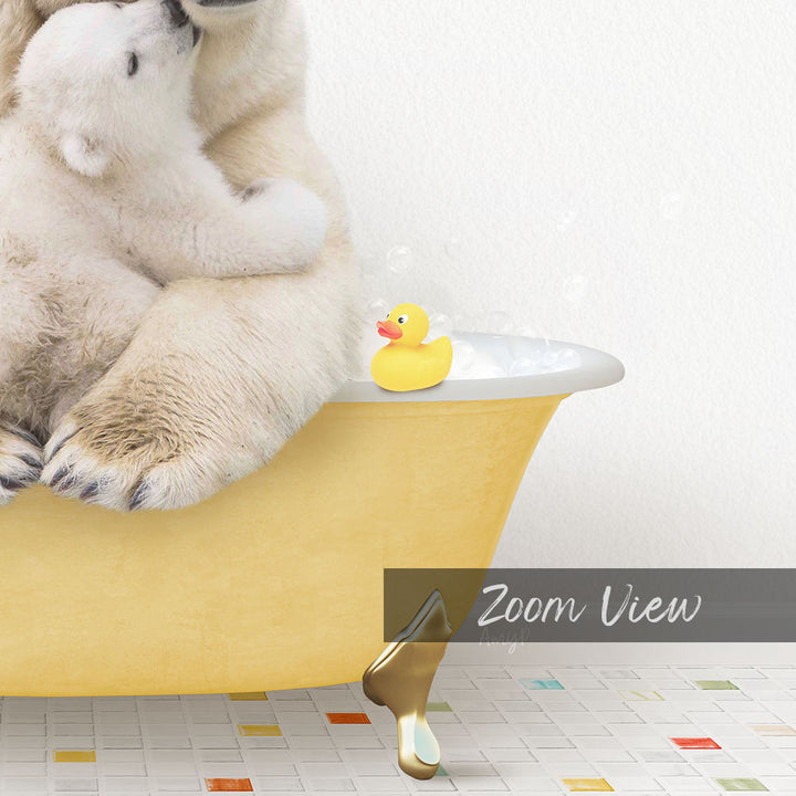 A polar bear is sitting in a yellow bathtub, with a rubber duck floating on the water.