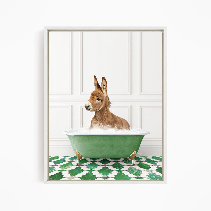 A donkey is sitting in a green bathtub filled with water, surrounded by a green and white patterned floor.