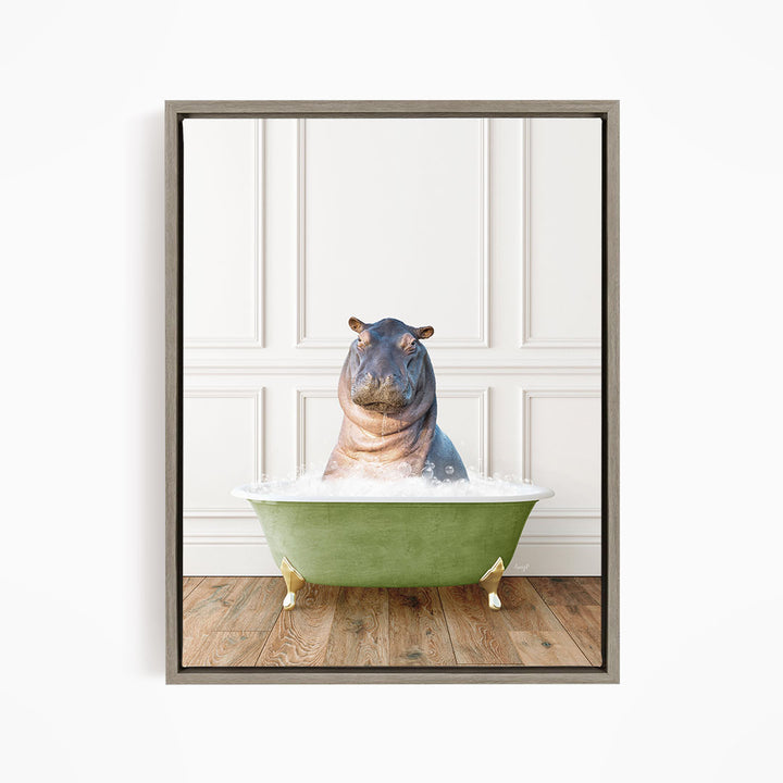 A hippopotamus sitting in a green bathtub filled with water, creating a whimsical and playful scene.