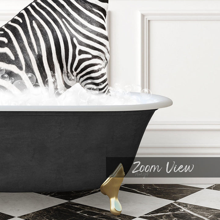 A zebra standing in a bathtub filled with bubbles, with a gold bathtub faucet visible.