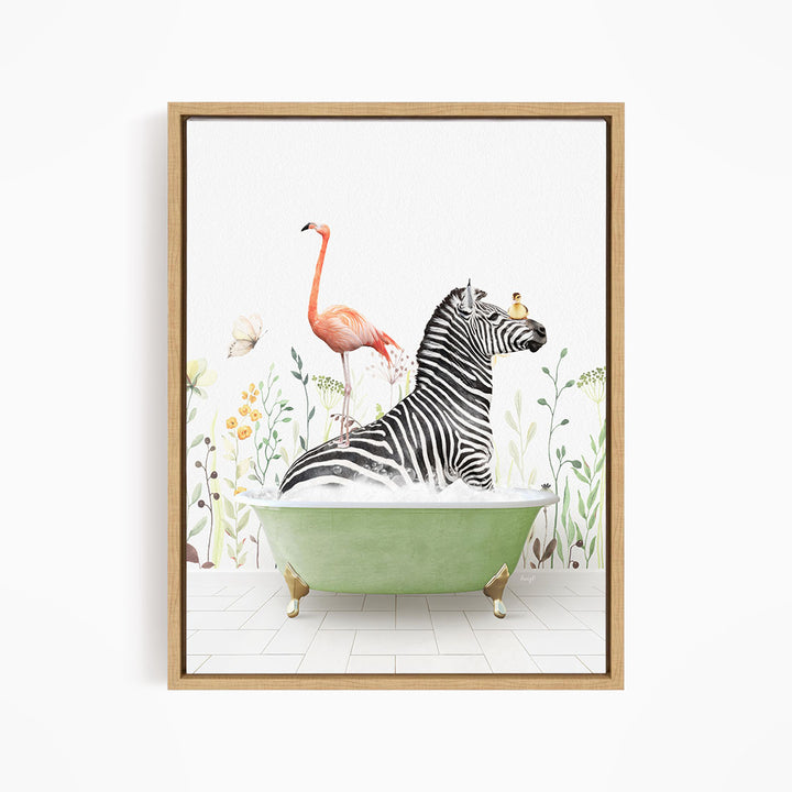 A zebra is sitting in a green bathtub, surrounded by a pink flamingo, a yellow butterfly, and a green plant.