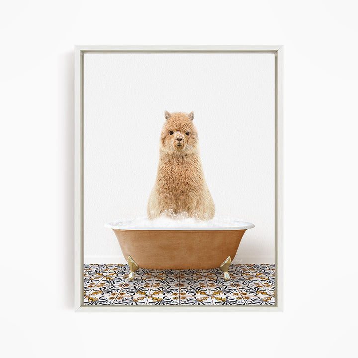 A fluffy brown dog sitting in a bathtub filled with bubbles, looking directly at the camera.