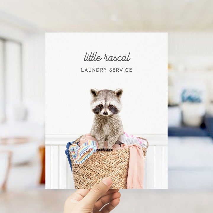 A raccoon sitting in a woven laundry basket, with the text "little rascal Laundry Service" displayed above the image.