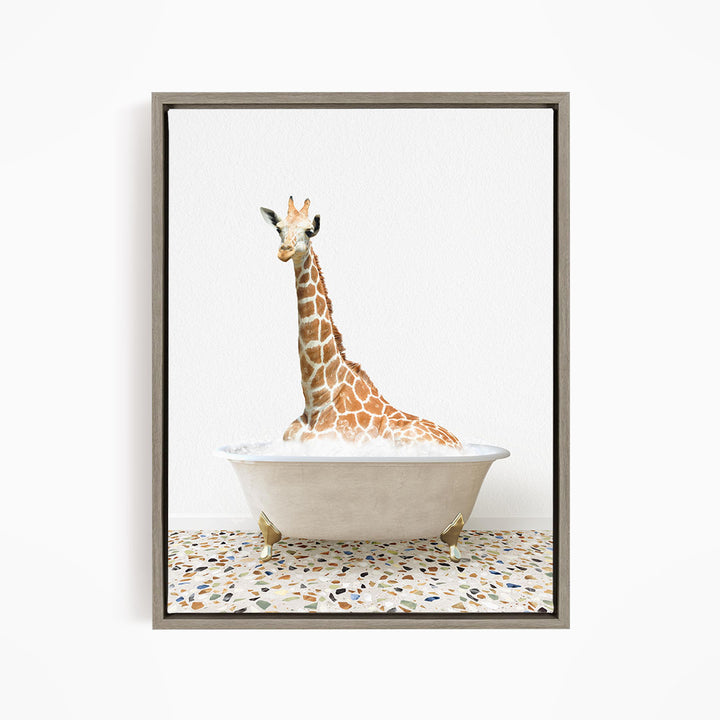 A giraffe sitting in a white bathtub filled with water, creating a whimsical and playful scene.