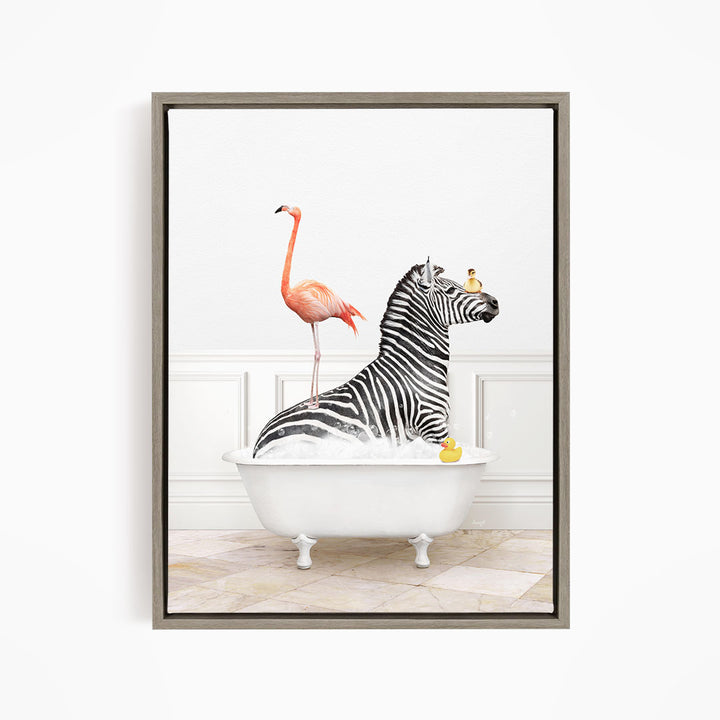 A zebra is sitting in a white bathtub, with a flamingo standing on its back and a yellow rubber duck floating in the water.
