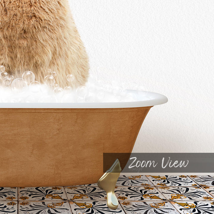 A brown cat standing in a bathtub filled with bubbles, with a gold bathtub faucet visible.