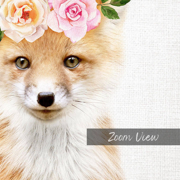 A close-up portrait of a fox with a floral headpiece on its head, set against a white background.