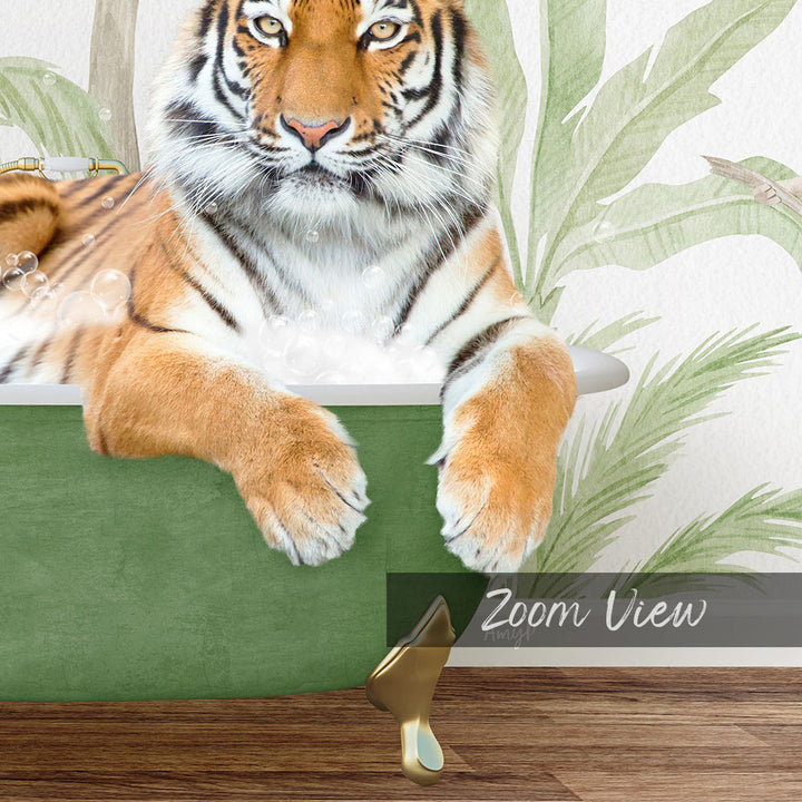 A tiger resting in a green bathtub, surrounded by tropical plants, with the text "Zoom View" below the image.