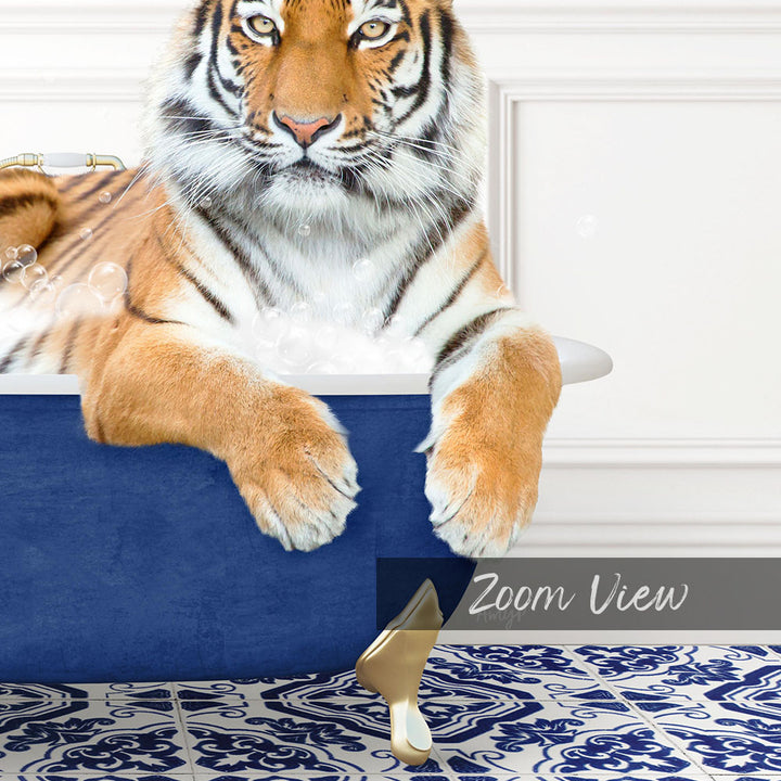 A tiger resting in a blue bathtub, surrounded by bubbles, with a "Zoom View" label in the bottom right corner.