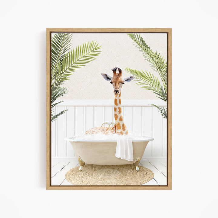 A giraffe sitting in a bathtub filled with water, surrounded by palm leaves, creating a whimsical and playful scene.
