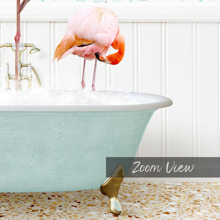 A pink flamingo standing in a bathtub filled with water, with a gold bathtub faucet and a text overlay that reads "Zoom View".