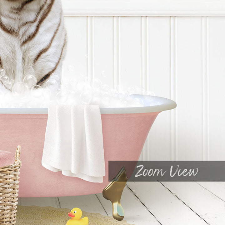 A white cat is sitting in a pink bathtub filled with bubbles, surrounded by a yellow rubber duck and a white towel.