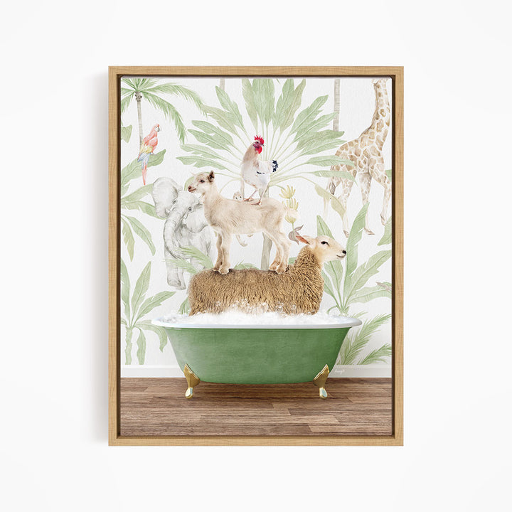 A framed illustration depicting a dog, a cat, a bird, and a sheep in a bathtub surrounded by tropical foliage.