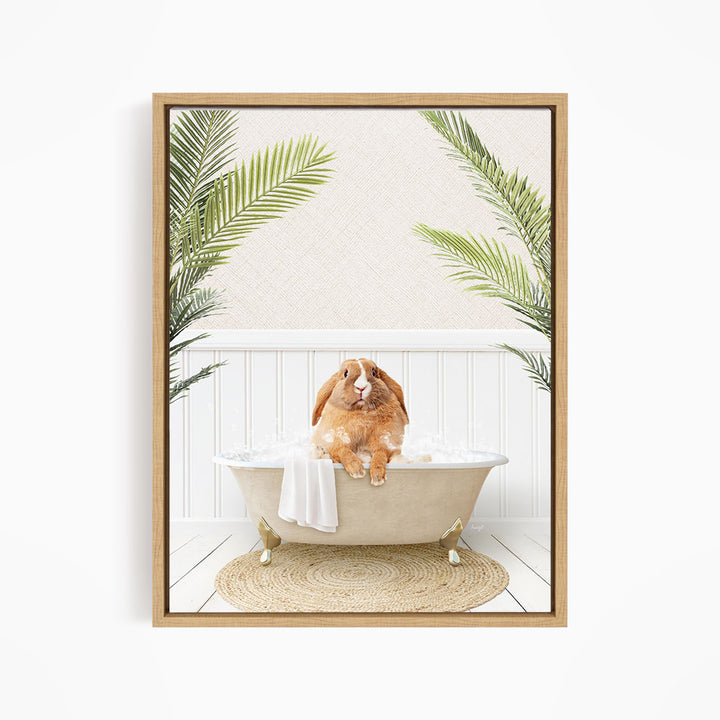 A brown rabbit sitting in a white bathtub filled with water, surrounded by green palm leaves, creating a whimsical and relaxing scene.