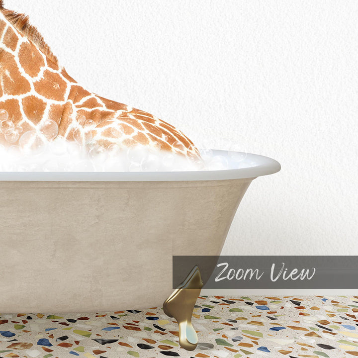 A giraffe is sitting in a bathtub filled with water, surrounded by a mosaic floor.