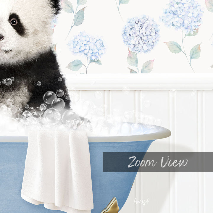 A panda bear sitting in a blue bathtub filled with bubbles, with a floral wallpaper in the background.