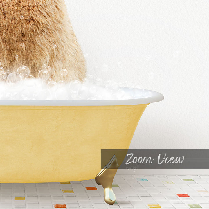 A yellow bathtub filled with bubbles, with a cat sitting inside and enjoying the bath.