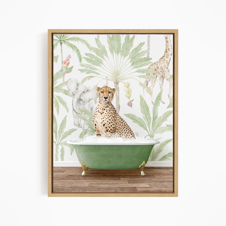 A cheetah sitting in a green bathtub, surrounded by a tropical jungle wallpaper with various animals and plants.
