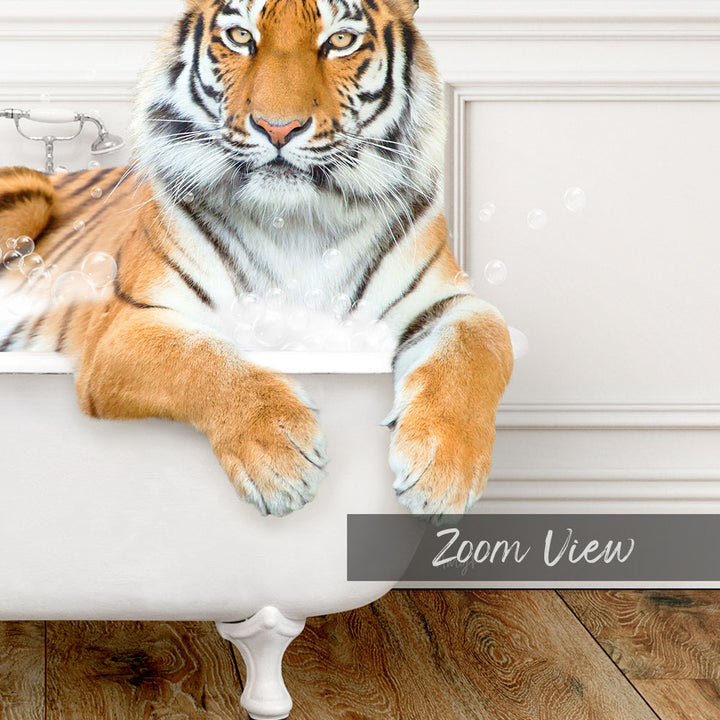 A tiger is sitting in a bathtub filled with water, surrounded by bubbles, as if enjoying a relaxing bath.