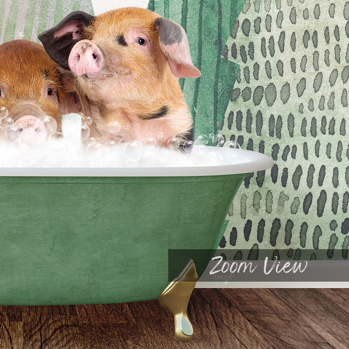 Two adorable pigs sitting in a green bathtub filled with bubbles, with a patterned wall in the background.