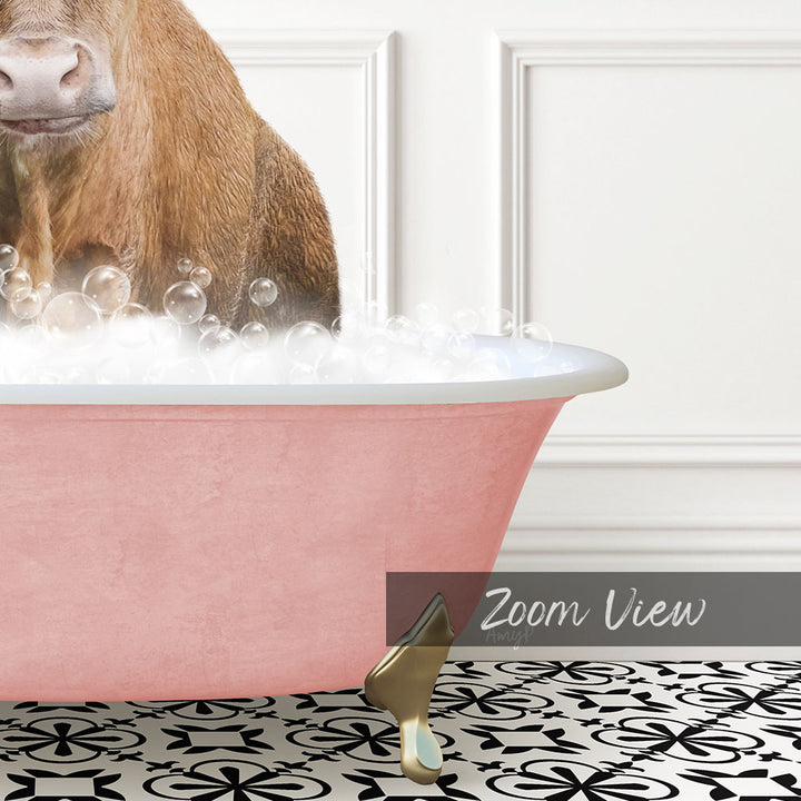 A pink bathtub filled with bubbles, with a cow standing inside it.