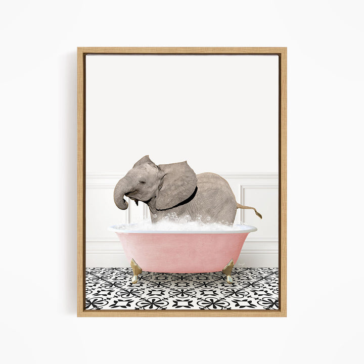 A gray elephant is sitting in a pink bathtub filled with water, surrounded by a black and white patterned floor.