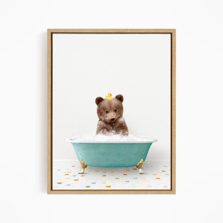 A brown bear sitting in a blue bathtub filled with bubbles, with a yellow rubber duck perched on its head.