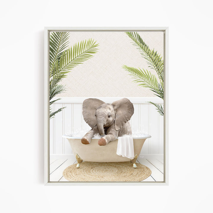A baby elephant sitting in a bathtub, surrounded by palm leaves, creating a whimsical and playful scene.