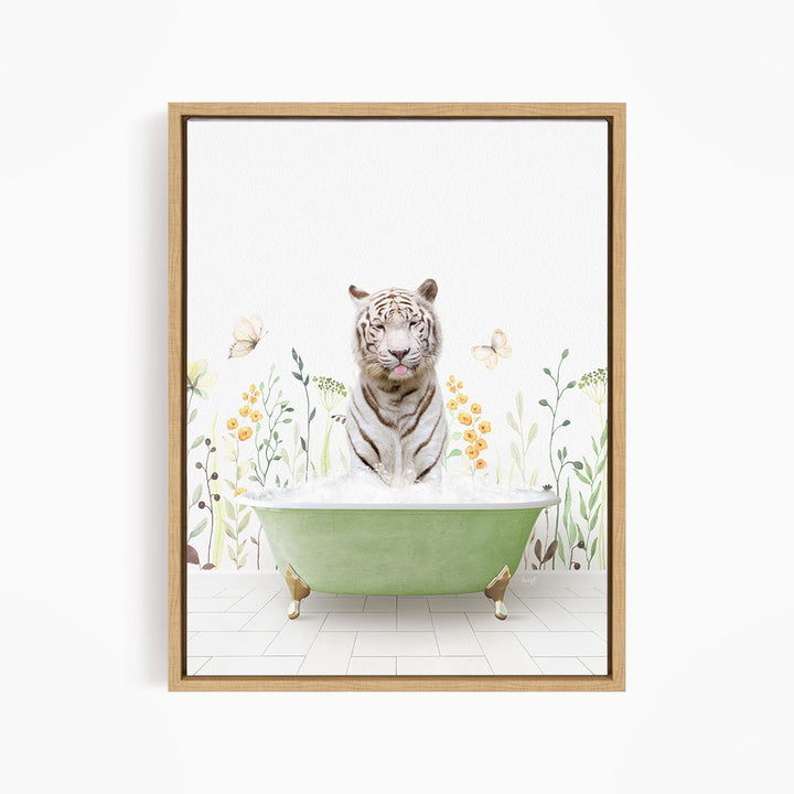 A white tiger is sitting in a green bathtub filled with bubbles, surrounded by flowers and butterflies.