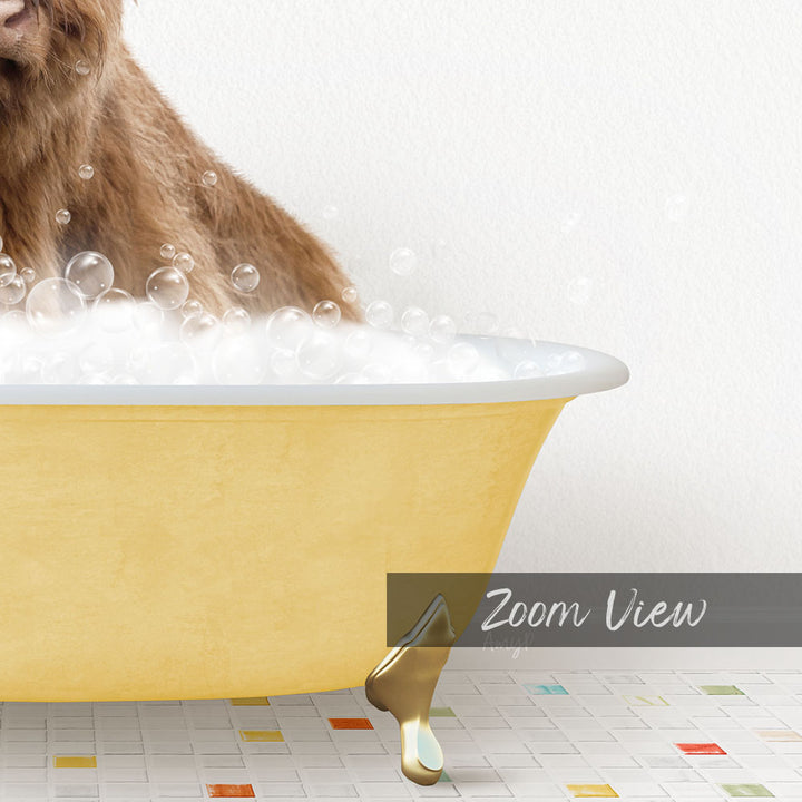 A dog is sitting in a yellow bathtub filled with bubbles, with a text overlay that reads "Zoom View".