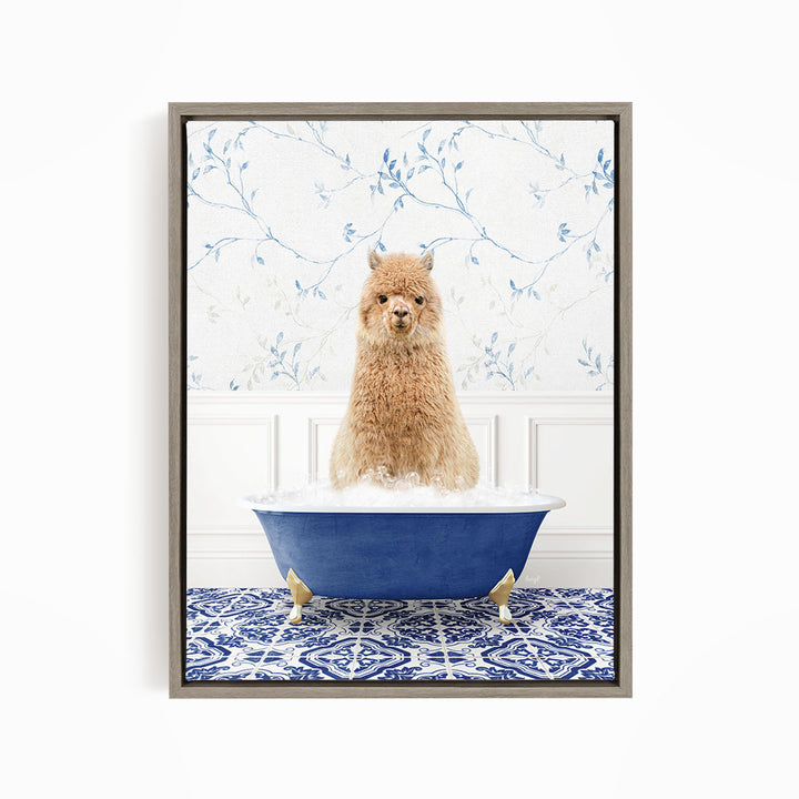 A small brown dog sitting in a blue bathtub filled with water, surrounded by a blue and white patterned rug.