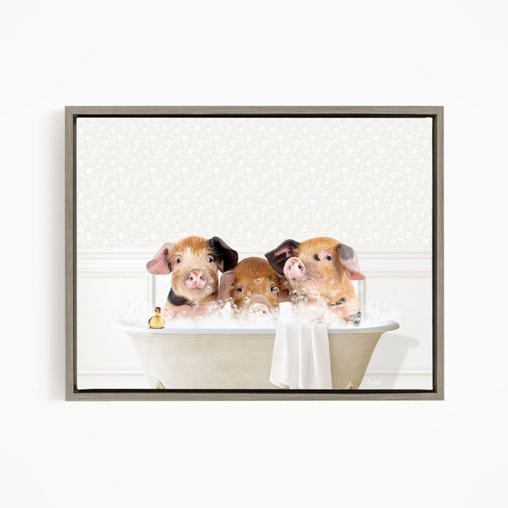 Three adorable pigs sitting in a bathtub, enjoying a relaxing bath together.