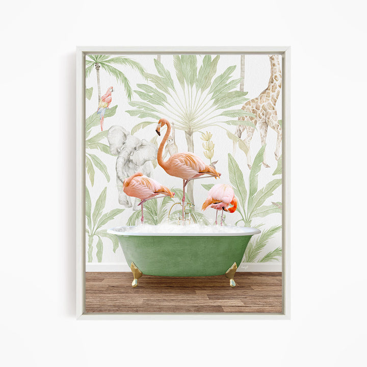 A framed print depicting a green bathtub filled with water, surrounded by a variety of colorful birds, including flamingos, parrots, and a giraffe, set against a tropical wallpaper background.