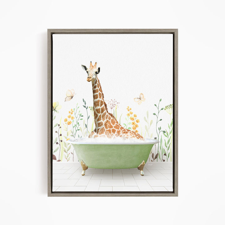 A giraffe is sitting in a green bathtub filled with bubbles, surrounded by flowers and butterflies in a whimsical, nature-inspired scene.