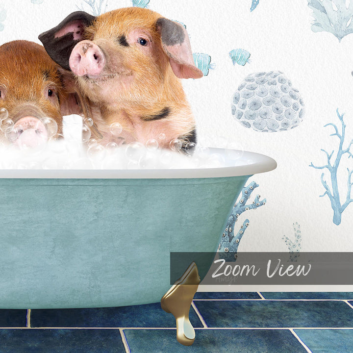 Two adorable pigs sitting in a bathtub filled with bubbles, enjoying a relaxing bath.