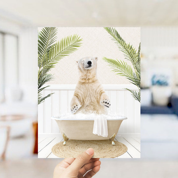 A polar bear sitting in a bathtub filled with water, surrounded by palm leaves, creating a whimsical and playful scene.