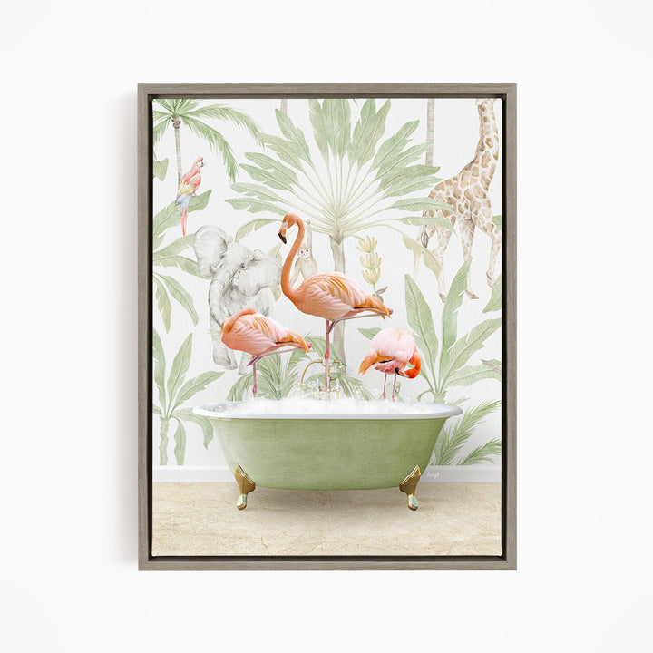 A framed print depicting a group of flamingos sitting in a green bathtub, surrounded by tropical foliage and a giraffe in the background.