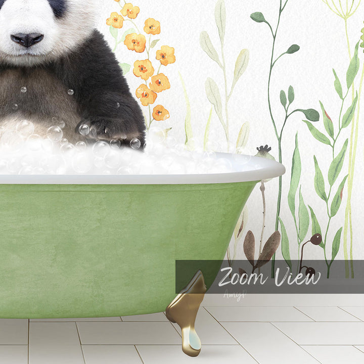 A panda bear sitting in a green bathtub filled with bubbles, surrounded by a floral wallpaper.