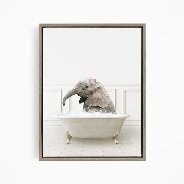 A baby elephant sitting in a white bathtub filled with water, creating a playful and whimsical scene.