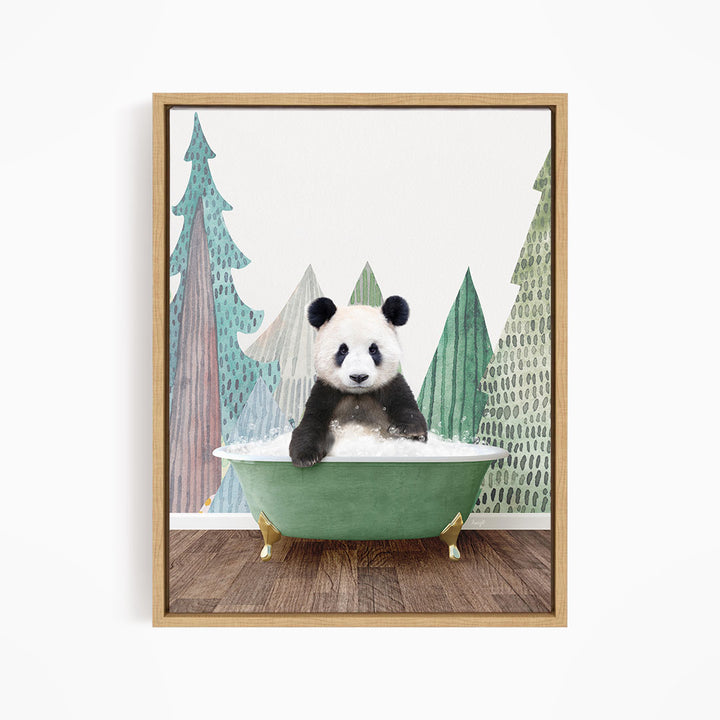 A panda bear sitting in a green bathtub, surrounded by a forest scene with trees and a snowy landscape.