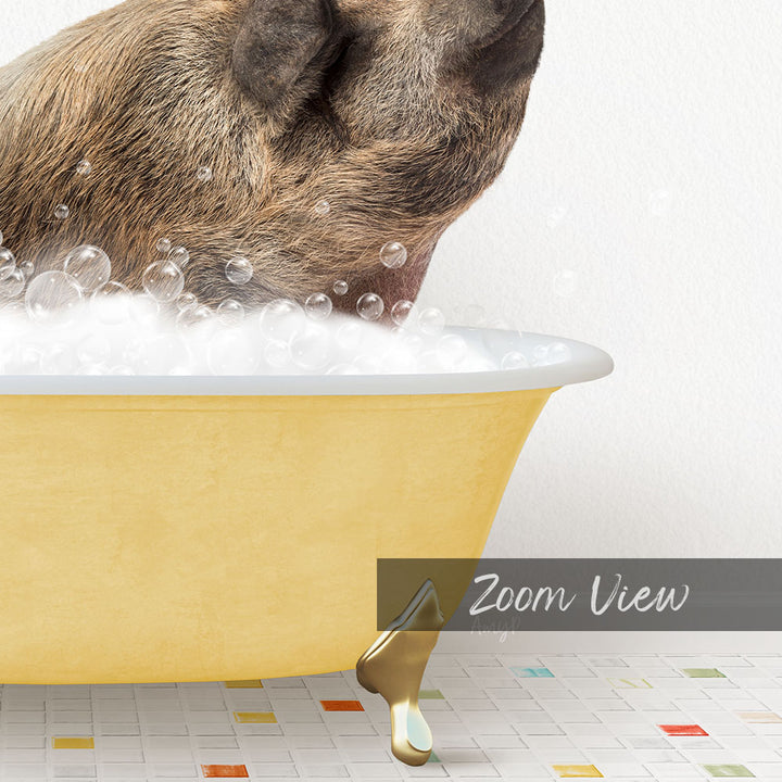 A dog is sitting in a yellow bathtub filled with bubbles, appearing to enjoy a bath.