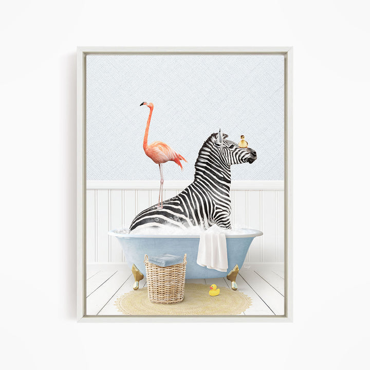 A zebra is sitting in a bathtub, surrounded by a pink flamingo and a yellow rubber duck, creating a whimsical and playful scene.