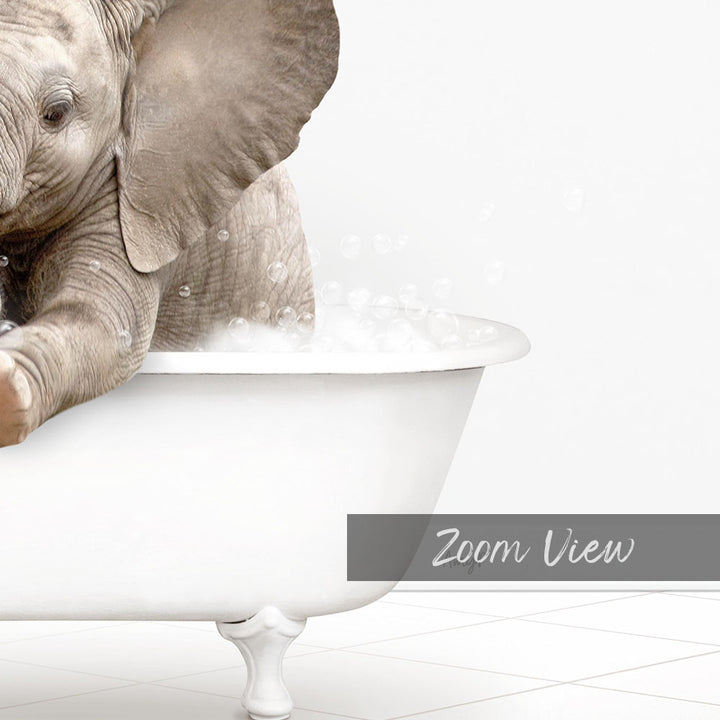 A baby elephant sitting in a white bathtub filled with bubbles, with the text "Zoom View" below the image.
