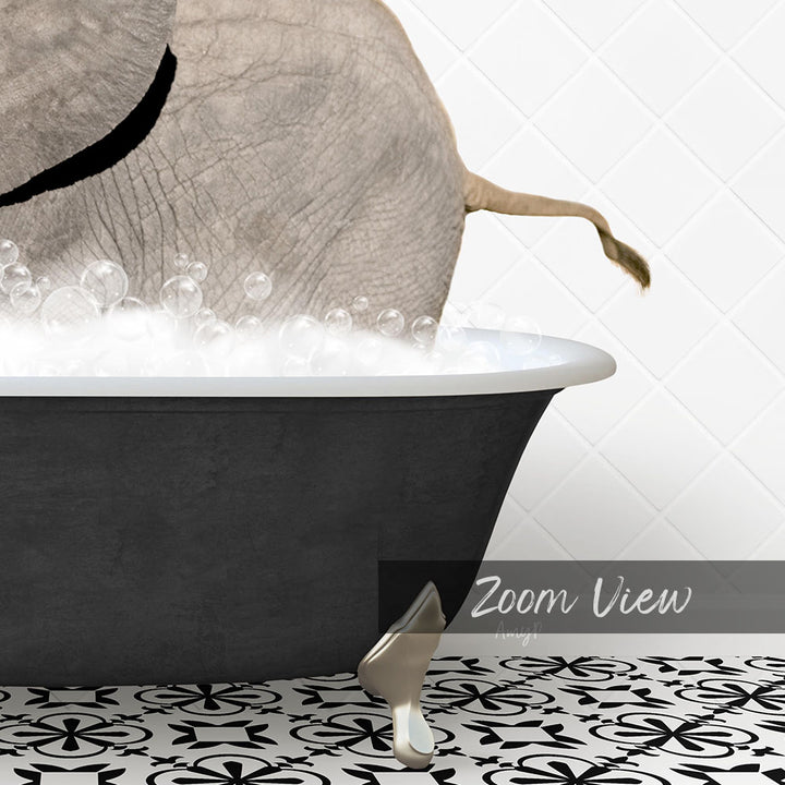 A black bathtub filled with bubbles, with a large elephant's trunk emerging from the water.