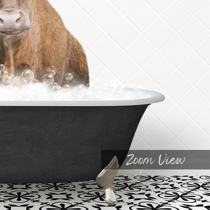 A brown cow is sitting in a bathtub filled with bubbles, creating a whimsical and playful scene.