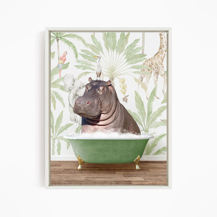 A hippopotamus sitting in a green bathtub, surrounded by tropical foliage and other animals, such as a parrot and a giraffe.